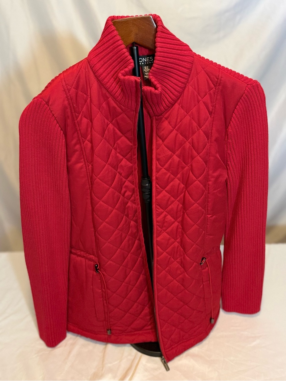Jones New York Quilted Zip Front Jacket with Knit Sleeves in Cherry Red (01)